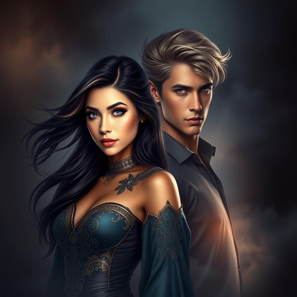 A stunning book cover design featuring a beautiful 23-year-old female character, standing at 1