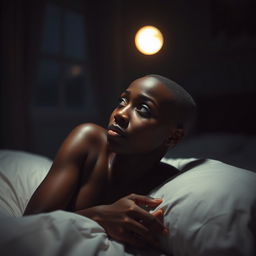 A striking image of a Black woman with short hair shaved on the sides, lying on a bed in a darkened bedroom