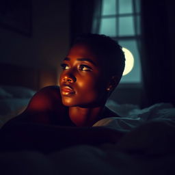 A striking image of a Black woman with short hair shaved on the sides, lying on a bed in a darkened bedroom