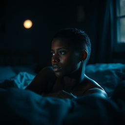 A striking image of a Black woman with short hair shaved on the sides, lying on a bed in a darkened bedroom