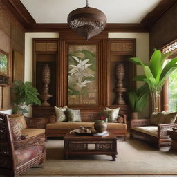 An intricate and warm design for a Javanese and tropical fusion living room. Features include handcrafted Java craft furniture, tropical plants adding lush greenery, Batik patterned fabrics, traditional Javanese artworks, and rich, natural materials like wood and bamboo.