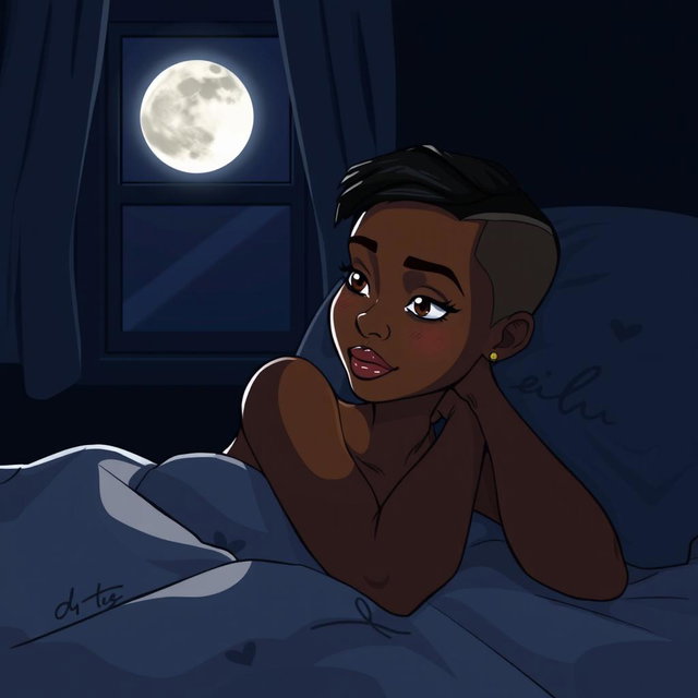 A beautifully illustrated woman of African descent with short hair shaved on the sides, depicted in a cartoon style