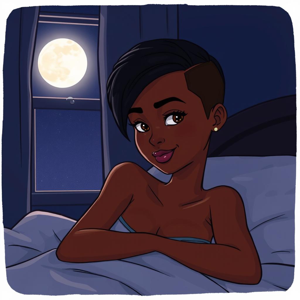 A beautifully illustrated woman of African descent with short hair shaved on the sides, depicted in a cartoon style