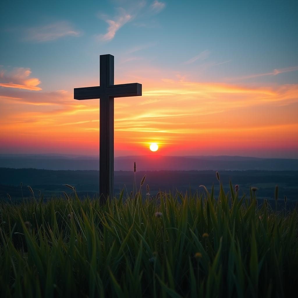 A solemn and beautifully crafted wooden cross, standing tall on a hilltop during golden hour