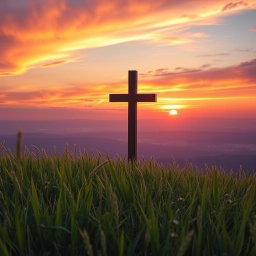 A solemn and beautifully crafted wooden cross, standing tall on a hilltop during golden hour