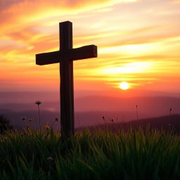 A solemn and beautifully crafted wooden cross, standing tall on a hilltop during golden hour