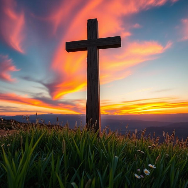 A solemn and beautifully crafted wooden cross, standing tall on a hilltop during golden hour
