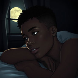 A black woman in a drawing style, with short, curly hair shaved on the sides