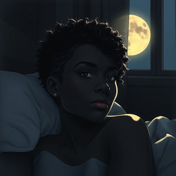 A black woman in a drawing style, with short, curly hair shaved on the sides
