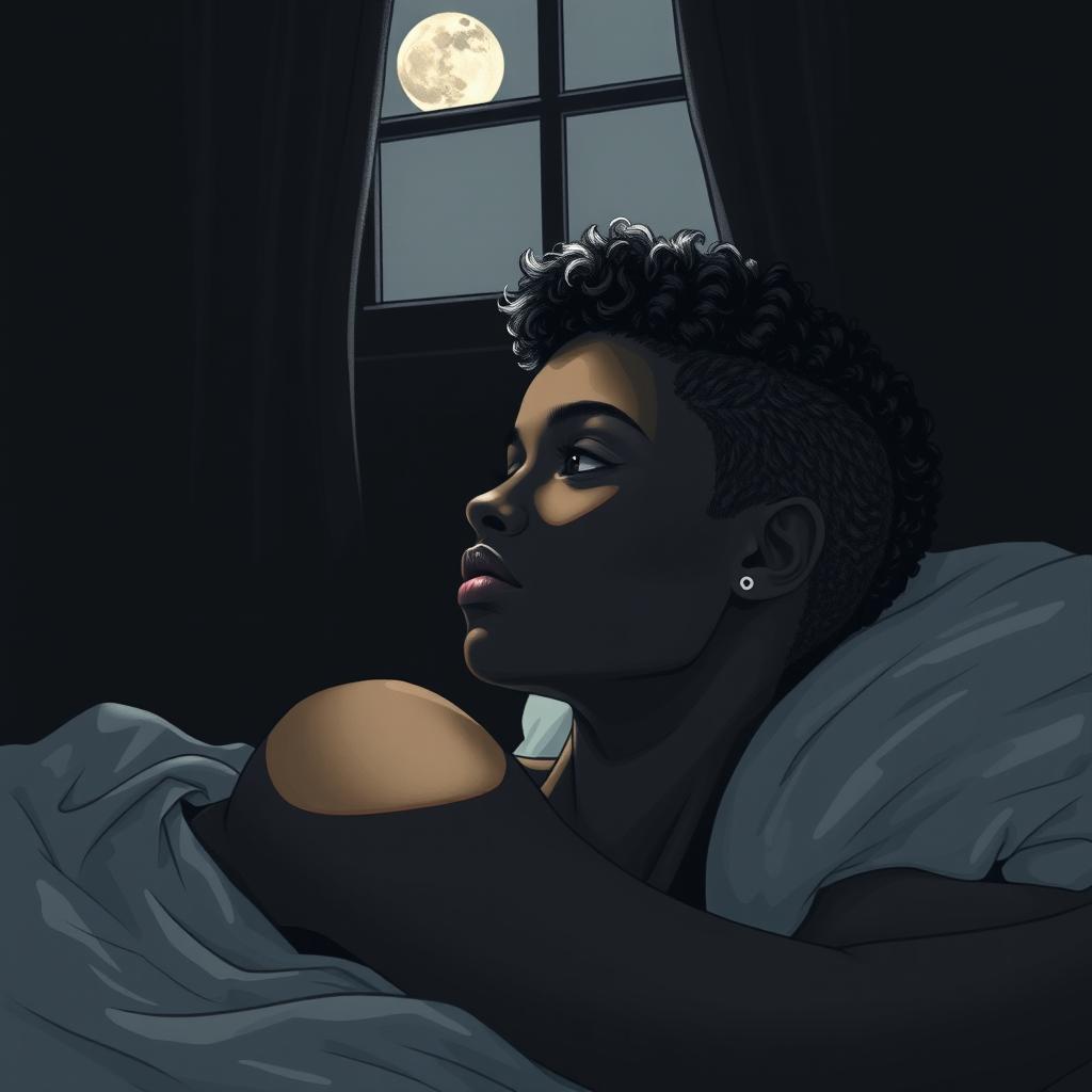 A black woman in a drawing style, with short, curly hair shaved on the sides