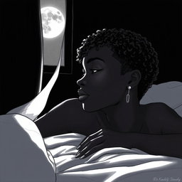 A black woman in a drawing style, with short, curly hair shaved on the sides