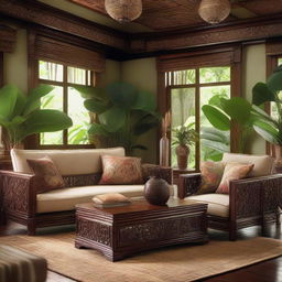 An intricate and warm design for a Javanese and tropical fusion living room. Features include handcrafted Java craft furniture, tropical plants adding lush greenery, Batik patterned fabrics, traditional Javanese artworks, and rich, natural materials like wood and bamboo.