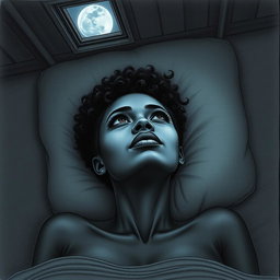 A black woman in a drawing style, with short, curly hair shaved on the sides