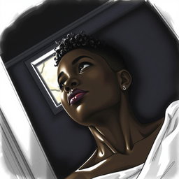 A black woman in a drawing style, with short, curly hair shaved on the sides
