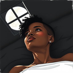 A black woman in a drawing style, with short, curly hair shaved on the sides