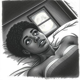 A black woman in a drawing style, with short, curly hair shaved on the sides
