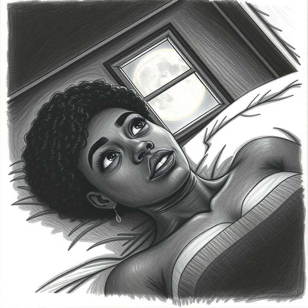 A black woman in a drawing style, with short, curly hair shaved on the sides
