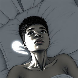 A black woman in a drawing style, with short, curly hair shaved on the sides