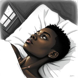 A black woman in a drawing style, with short, curly hair shaved on the sides