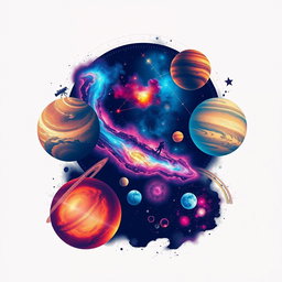 T-shirt designs inspired by astronomy, featuring stunning celestial bodies like vibrant galaxies, detailed star maps, and artistic interpretations of planets with vivid colors