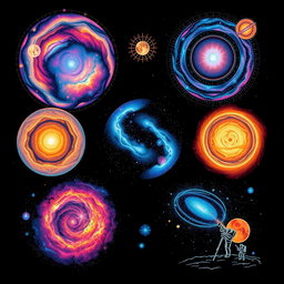 T-shirt designs inspired by astronomy, featuring stunning celestial bodies like vibrant galaxies, detailed star maps, and artistic interpretations of planets with vivid colors