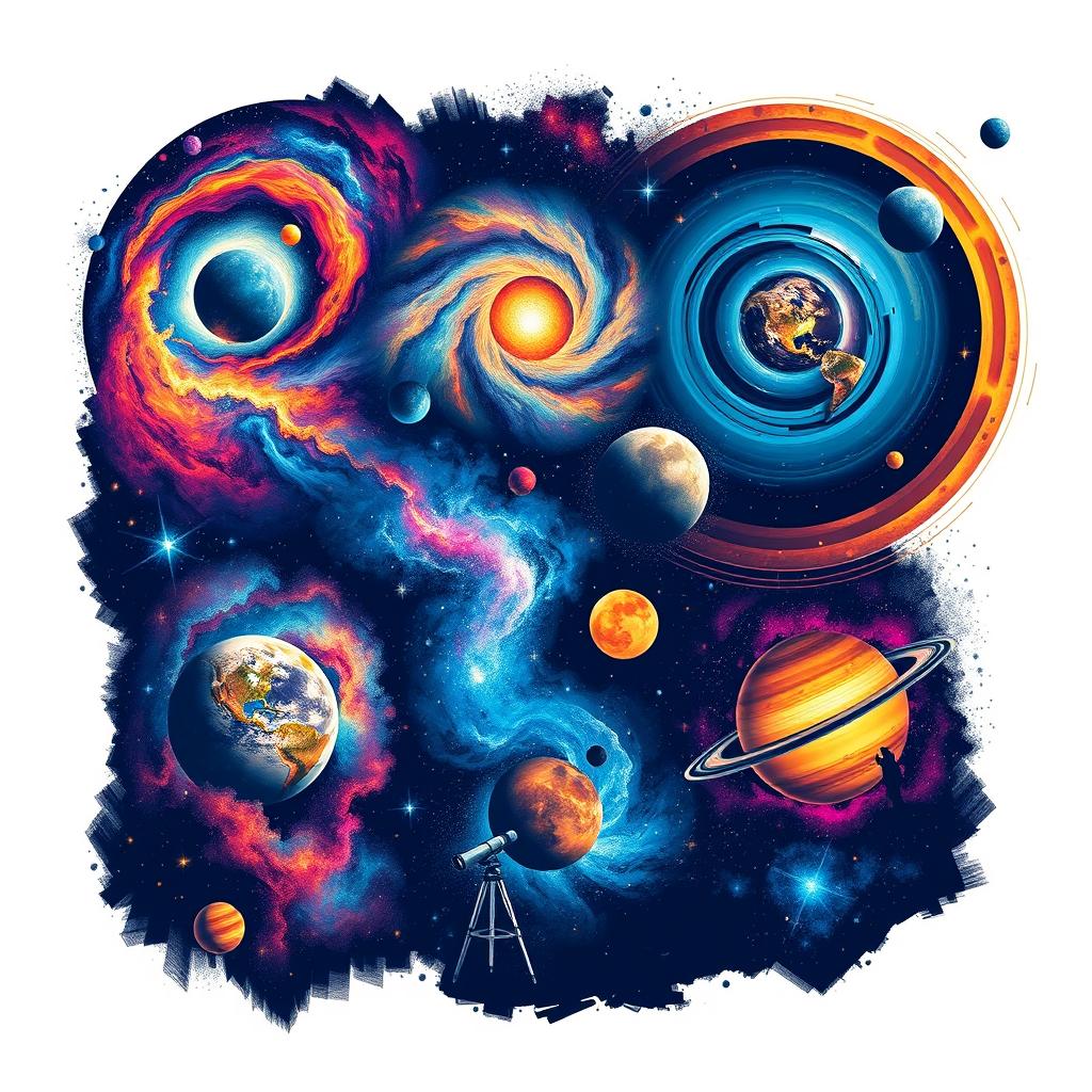 T-shirt designs inspired by astronomy, featuring stunning celestial bodies like vibrant galaxies, detailed star maps, and artistic interpretations of planets with vivid colors