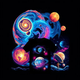 T-shirt designs inspired by astronomy, featuring stunning celestial bodies like vibrant galaxies, detailed star maps, and artistic interpretations of planets with vivid colors