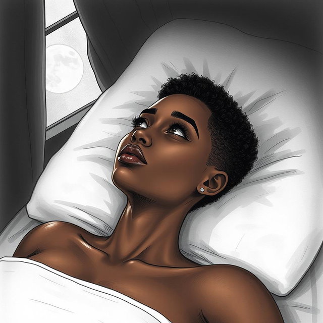 A black woman in a drawing style, with short, curly hair shaved on the sides