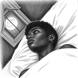 A black woman in a drawing style, with short, curly hair shaved on the sides
