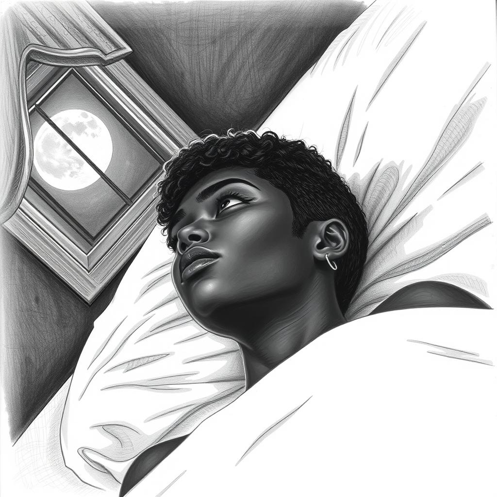 A black woman in a drawing style, with short, curly hair shaved on the sides