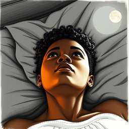 A black woman in a drawing style, with short, curly hair shaved on the sides