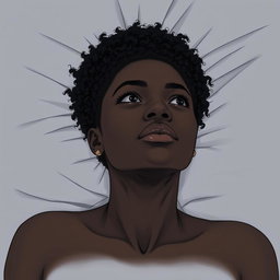 A black woman in a drawing style, with short, curly hair shaved on the sides