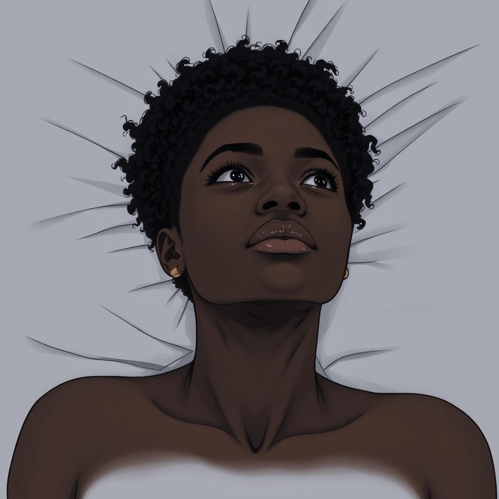 A black woman in a drawing style, with short, curly hair shaved on the sides