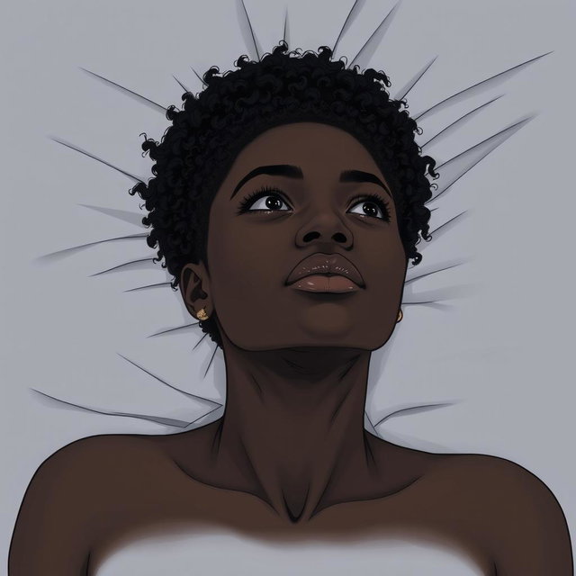A black woman in a drawing style, with short, curly hair shaved on the sides