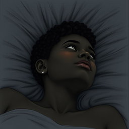 A black woman in a drawing style, with short, curly hair shaved on the sides