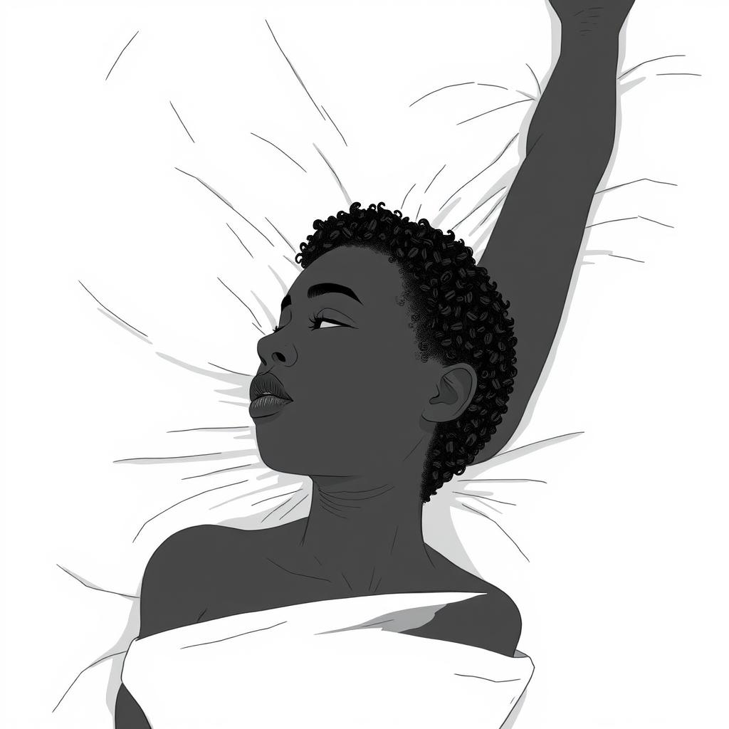 A black woman in a drawing style, with short, curly hair shaved on the sides