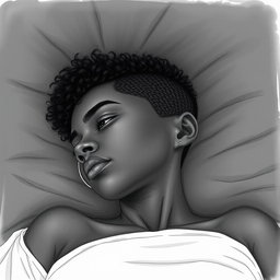 A black woman in a drawing style, with short, curly hair shaved on the sides