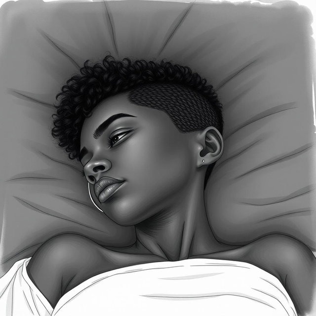 A black woman in a drawing style, with short, curly hair shaved on the sides