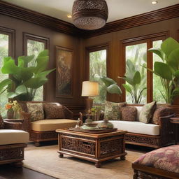 An intricate and warm design for a Javanese and tropical fusion living room. Features include handcrafted Java craft furniture, tropical plants adding lush greenery, Batik patterned fabrics, traditional Javanese artworks, and rich, natural materials like wood and bamboo.