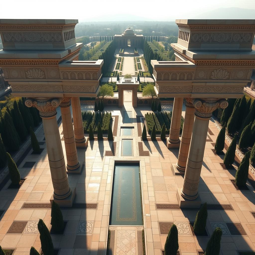 Aerial view of a large, open ancient Persian-style pavilion, with no roof or walls, featuring grand columns beautifully adorned with intricate carvings of lotus flowers and mythological motifs