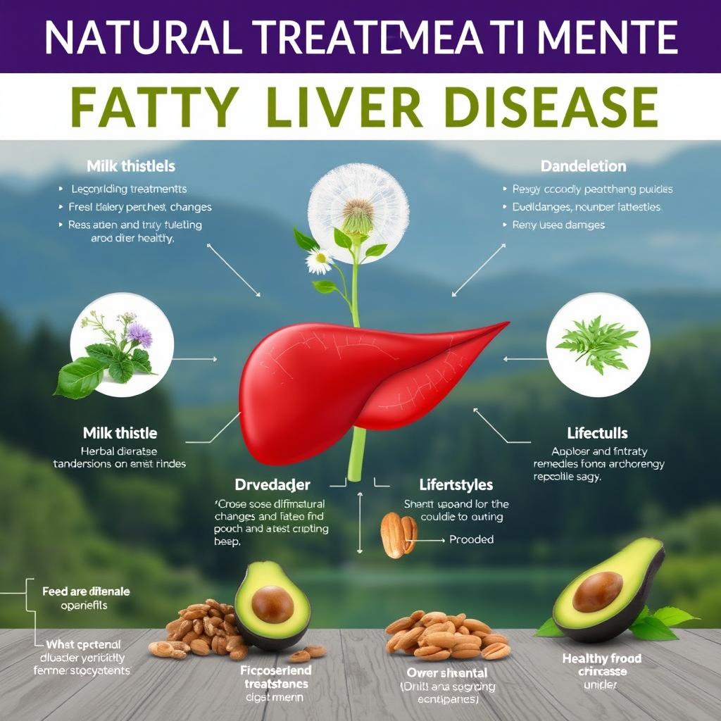 A comprehensive guide to natural treatments for fatty liver disease, showcasing various remedies including herbal treatments, dietary changes, and lifestyle modifications