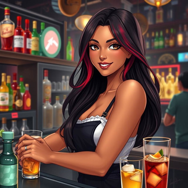 A charismatic Latina bartender with mesmerizing brown eyes, long flowing dark hair accented with vibrant red highlights, and a warm, sun-kissed tan complexion