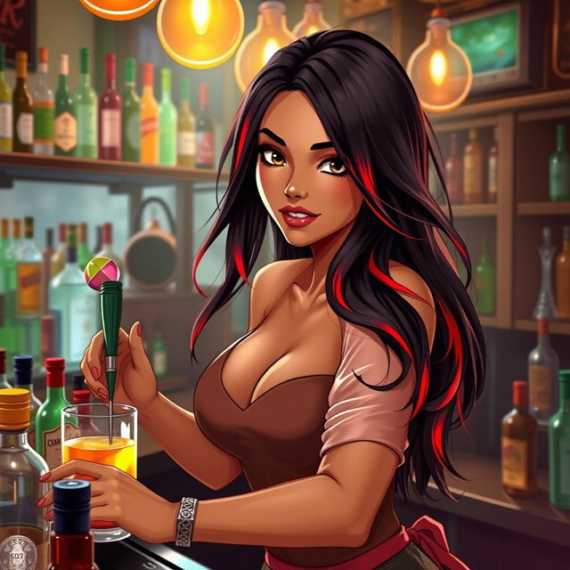 A charismatic Latina bartender with mesmerizing brown eyes, long flowing dark hair interspersed with striking red highlights, and a rich tan complexion