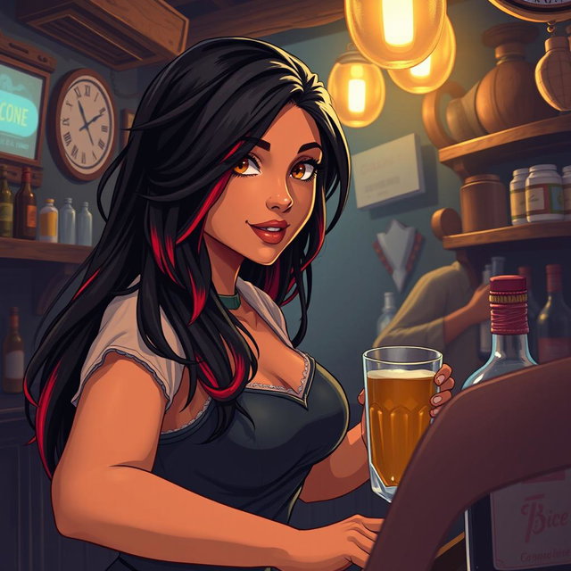 A charismatic Latina bartender with mesmerizing brown eyes, long flowing dark hair featuring striking red highlights, and a warm tan complexion