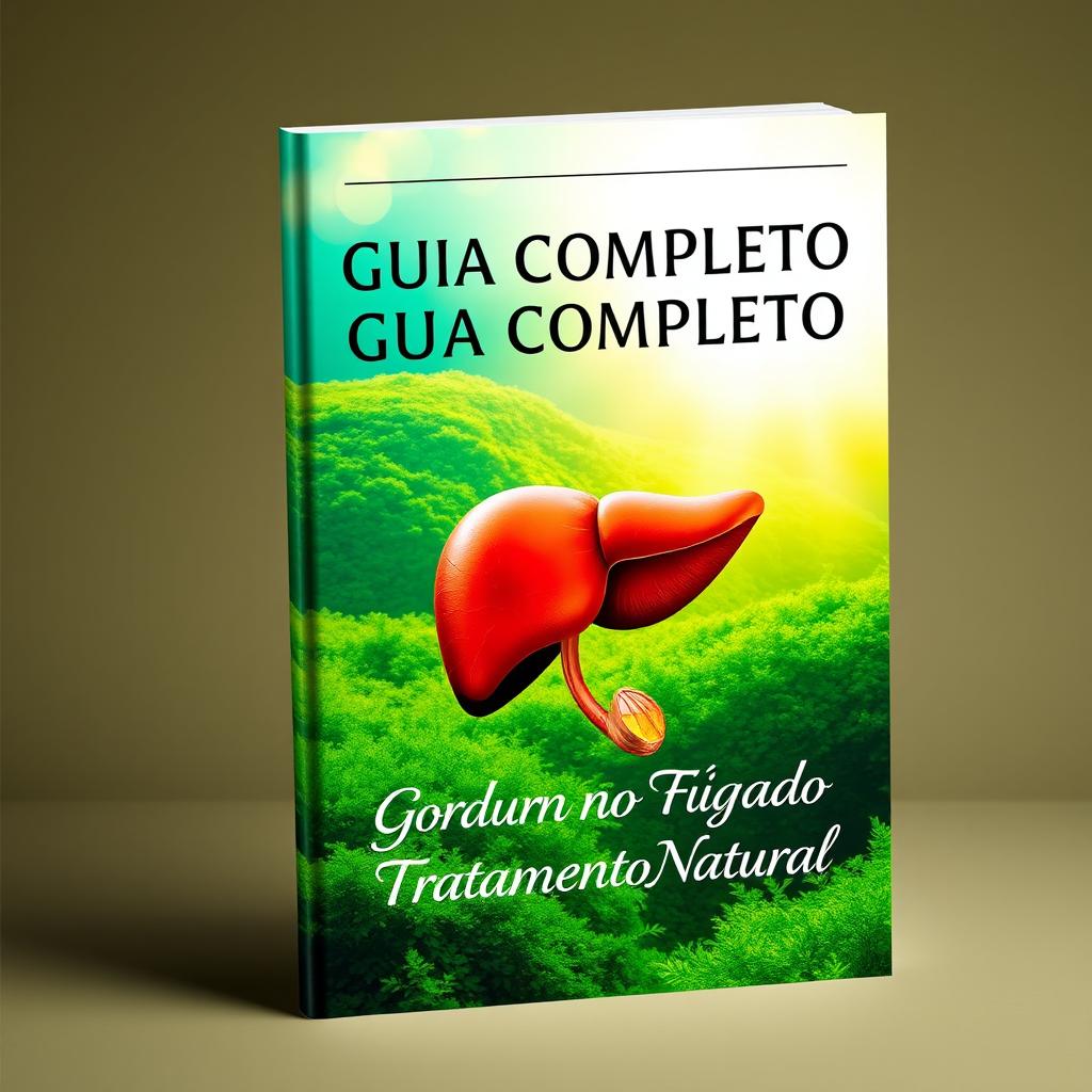 A striking ebook cover design titled "Guia Completo: Gordura no Fígado - Tratamento Natural" featuring a serene and vibrant background depicting a lush green landscape symbolizing health and nature