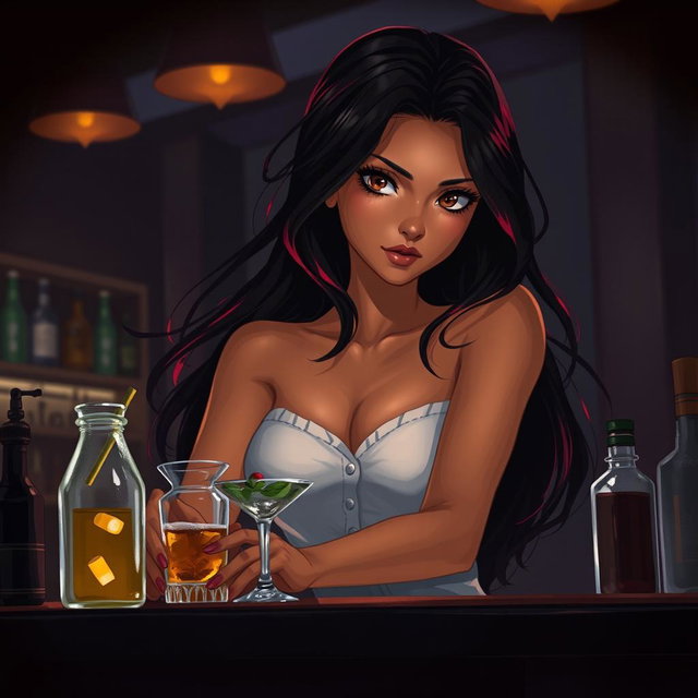 A charismatic Latina bartender with mesmerizing brown eyes, long flowing dark hair with fiery red highlights, and a warm tan complexion
