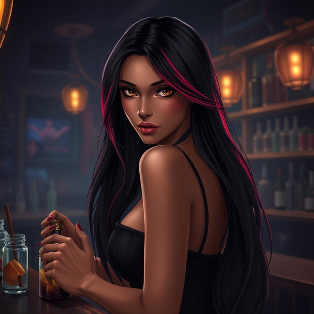 A charismatic Latina bartender with mesmerizing brown eyes, long flowing dark hair accented with vibrant red highlights, and a warm tan complexion