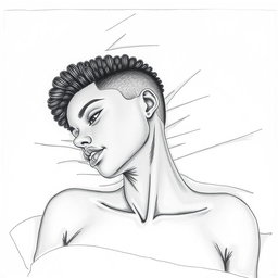 A black woman in a drawing style, with short, curly hair shaved on the sides