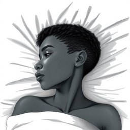 A black woman in a drawing style, with short, curly hair shaved on the sides