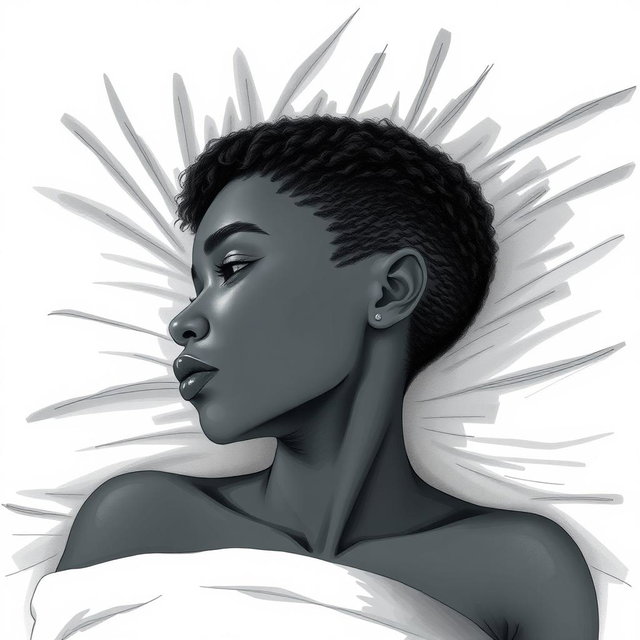 A black woman in a drawing style, with short, curly hair shaved on the sides